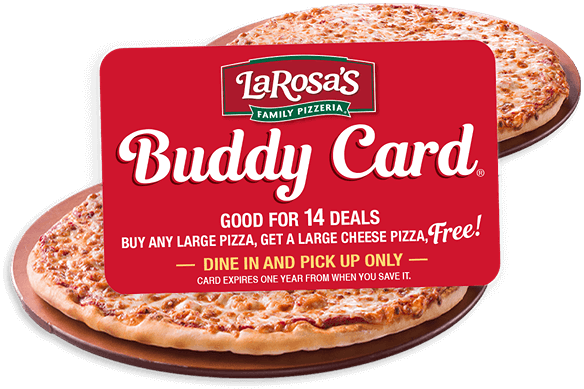 The Buddy Card superimposed over two large cheese pizzas